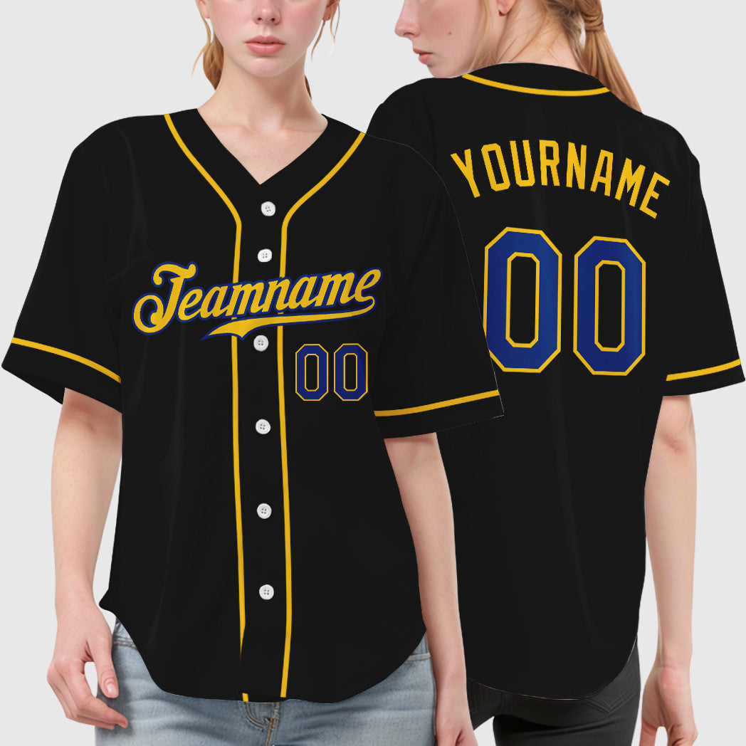 Custom Black Royal Royal-Yellow Sleeve Baseball Jersey