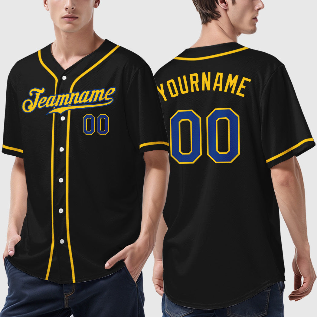 Custom Black Royal Royal-Yellow Sleeve Baseball Jersey