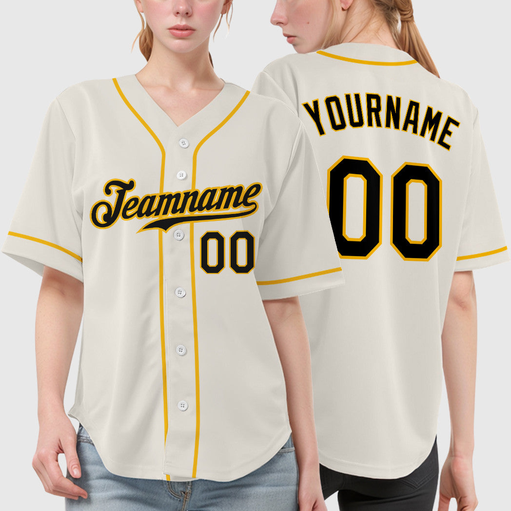 Custom Cream Black Gold Sleeve Baseball Jersey