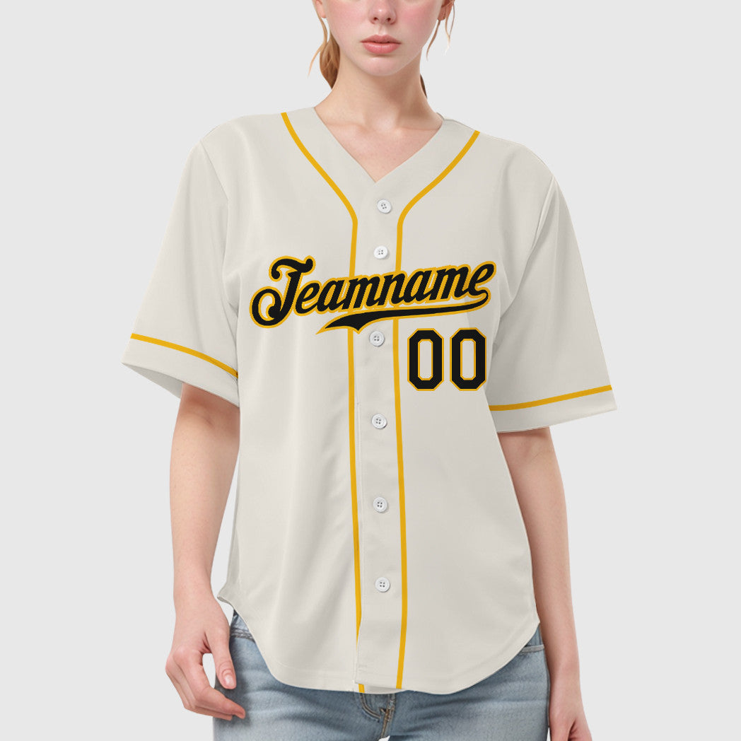 Custom Cream Black Gold Sleeve Baseball Jersey