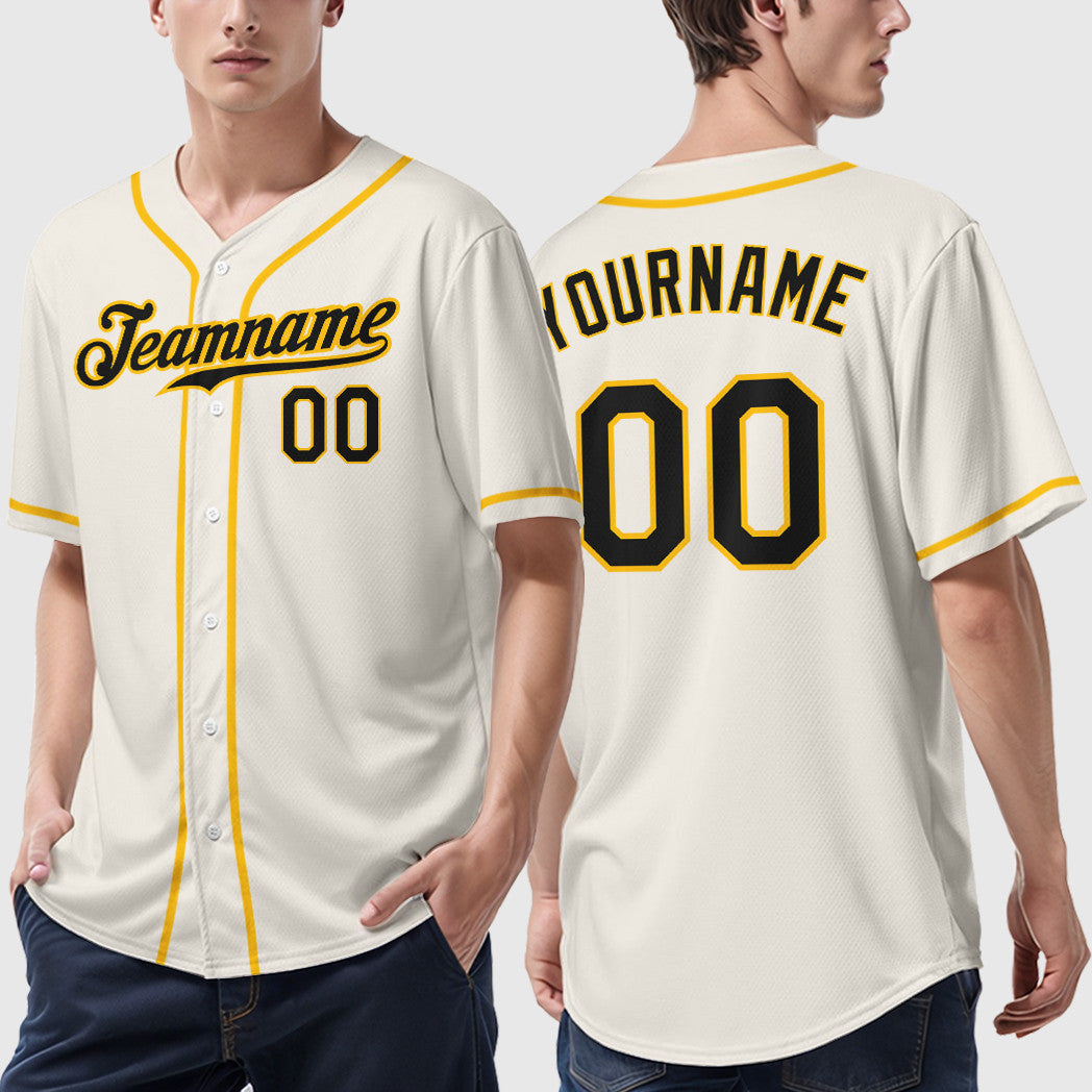 Custom Cream Black Gold Sleeve Baseball Jersey