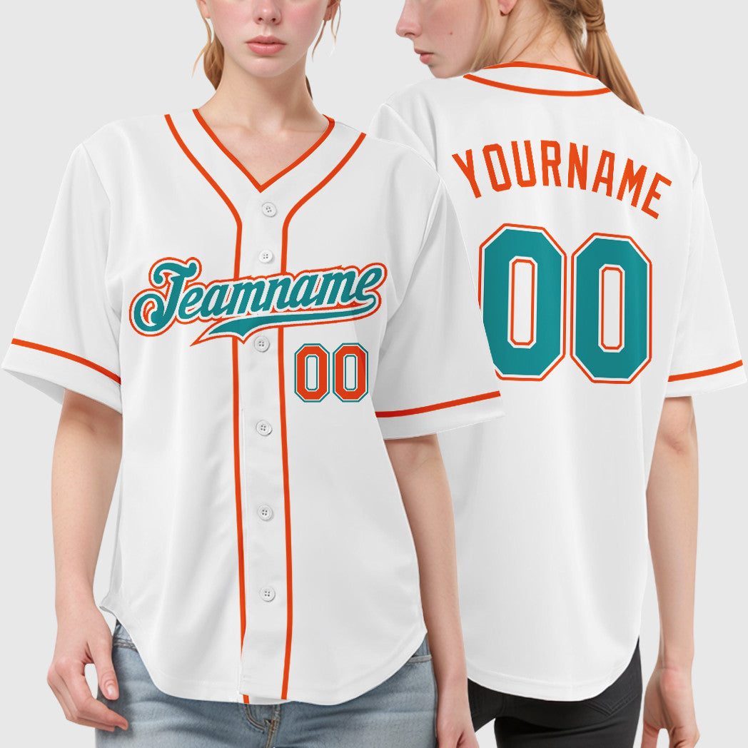 Custom White Teal Teal-Orange Piping Baseball Jersey