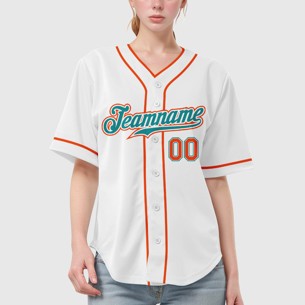 Custom White Teal Teal-Orange Piping Baseball Jersey