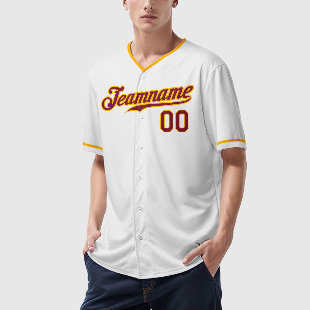 Custom White Crimson Crimson-Gold Collar Sleeve Baseball Jersey
