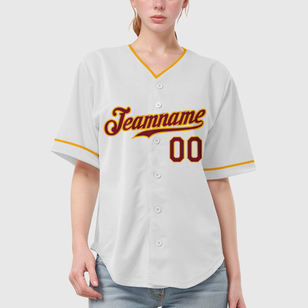 Custom White Crimson Crimson-Gold Collar Sleeve Baseball Jersey