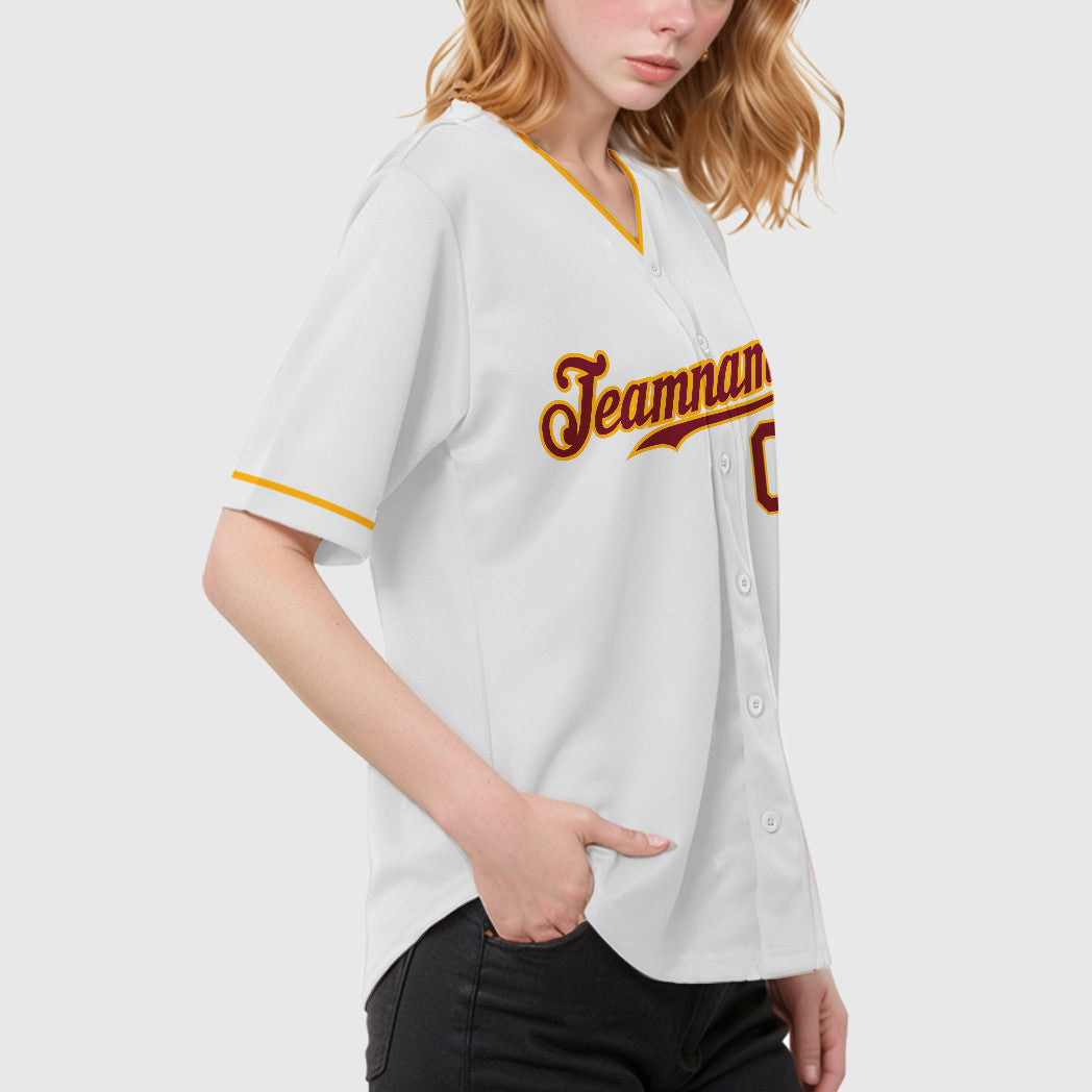 Custom White Crimson Crimson-Gold Collar Sleeve Baseball Jersey