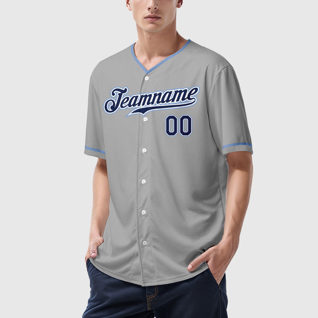 Custom Gray Navy Navy-Light Blue Collar Sleeve Baseball Jersey