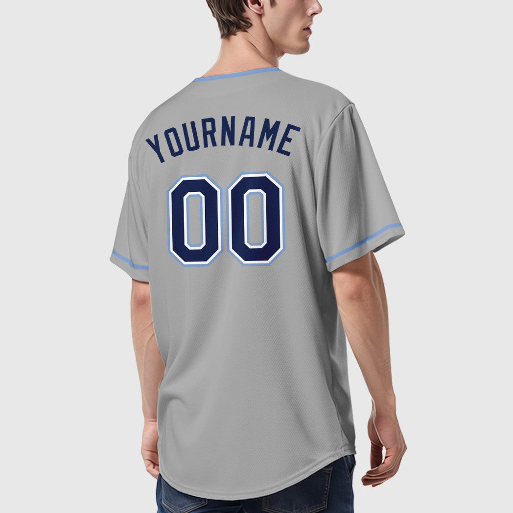 Custom Gray Navy Navy-Light Blue Collar Sleeve Baseball Jersey
