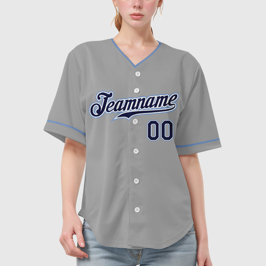 Custom Gray Navy Navy-Light Blue Collar Sleeve Baseball Jersey