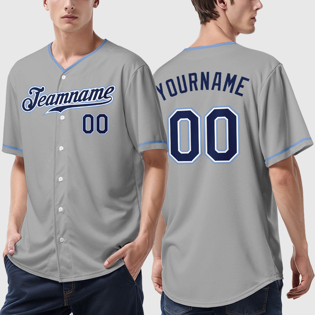 Custom Gray Navy Navy-Light Blue Collar Sleeve Baseball Jersey