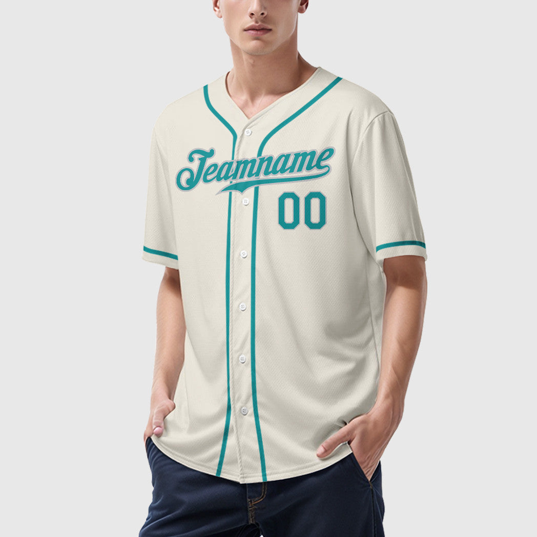 Custom Cream Teal Teal-Gray Sleeve Baseball Jersey
