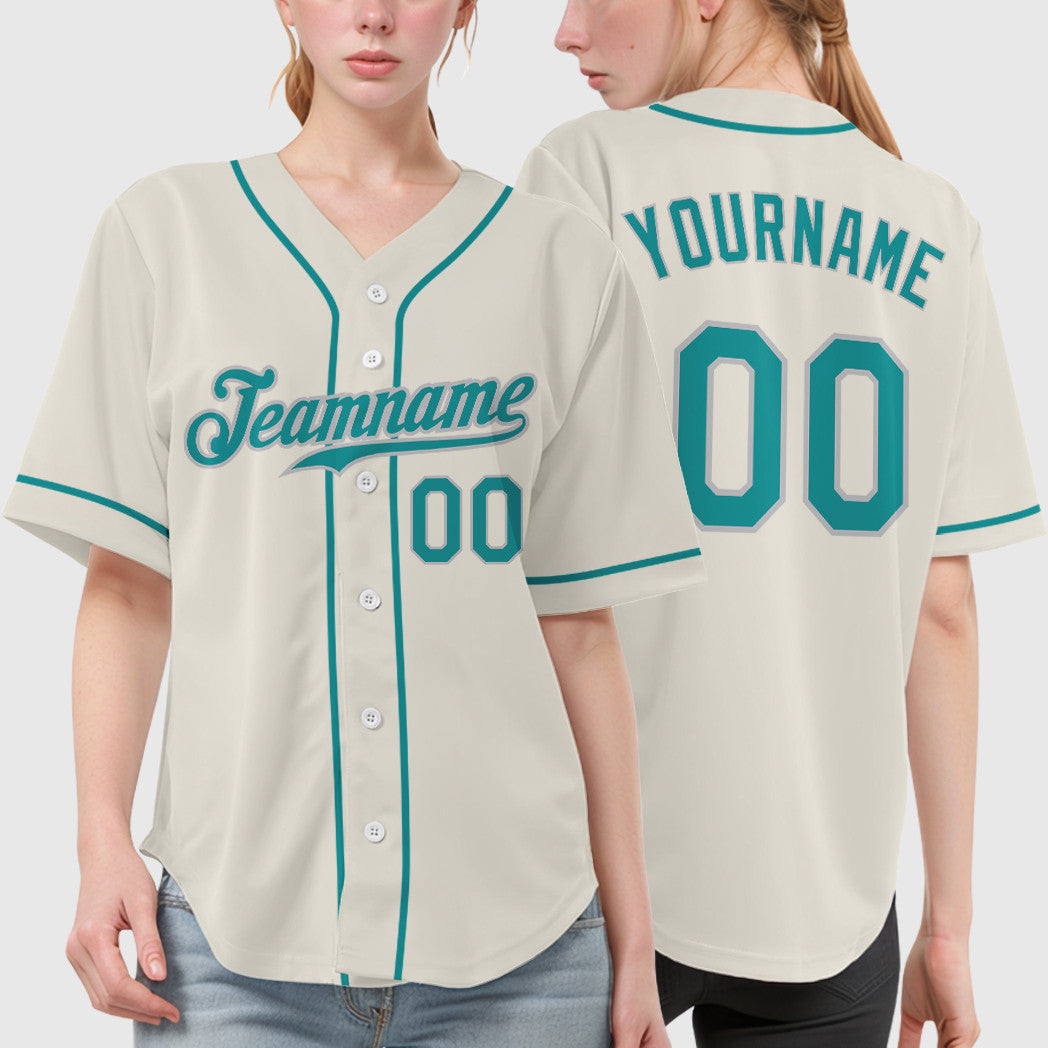 Custom Cream Teal Teal-Gray Sleeve Baseball Jersey