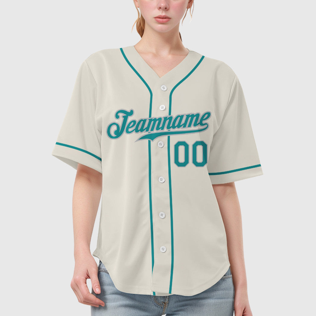 Custom Cream Teal Teal-Gray Sleeve Baseball Jersey