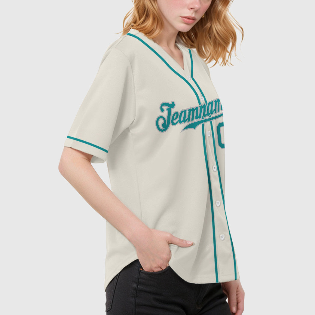 Custom Cream Teal Teal-Gray Sleeve Baseball Jersey