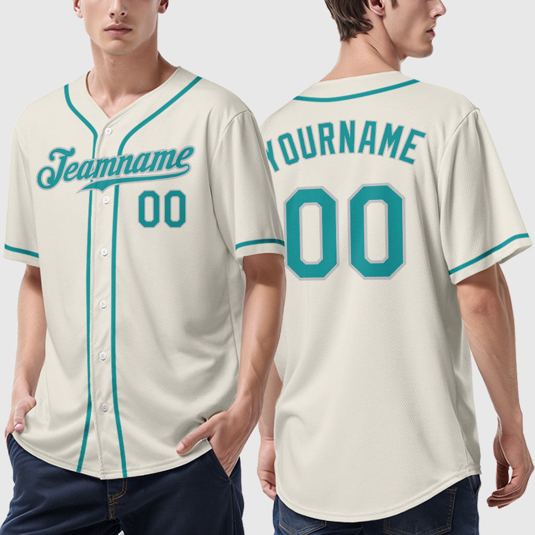 Custom Cream Teal Teal-Gray Sleeve Baseball Jersey