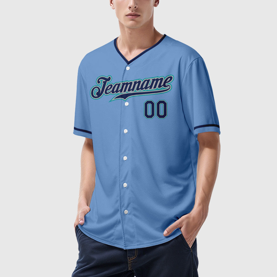 Custom Light Blue Navy Navy-Teal Collar Sleeve Baseball Jersey
