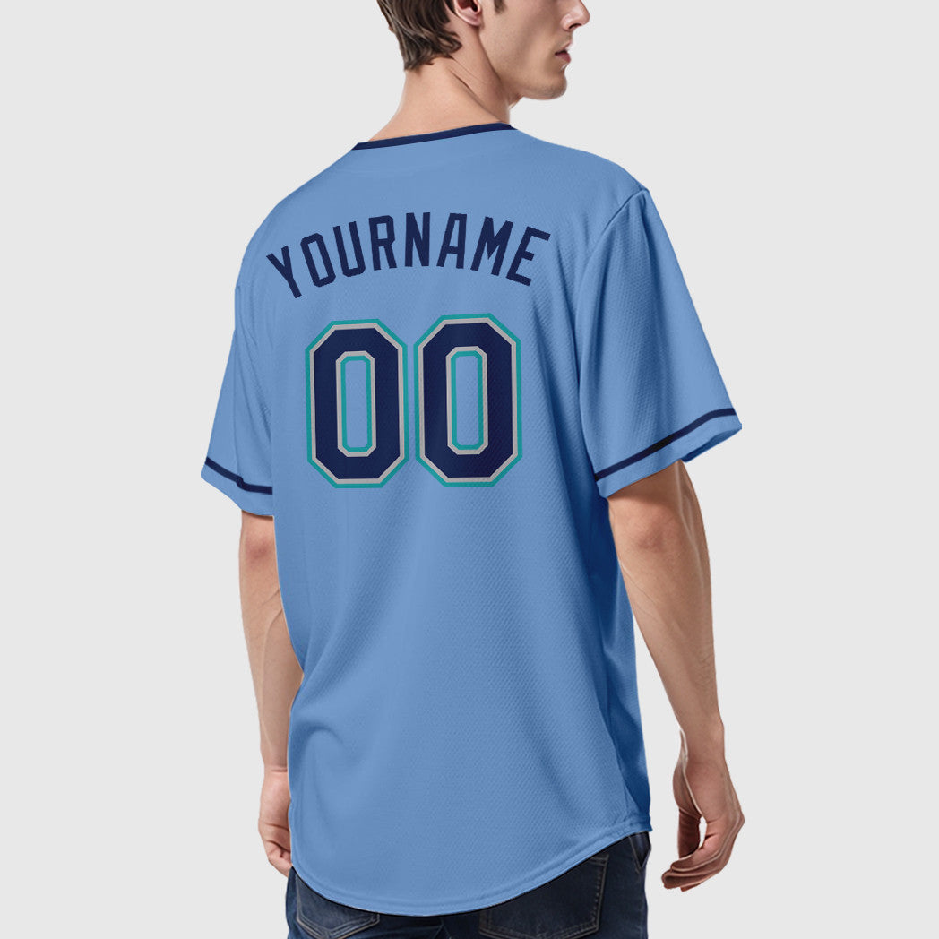 Custom Light Blue Navy Navy-Teal Collar Sleeve Baseball Jersey