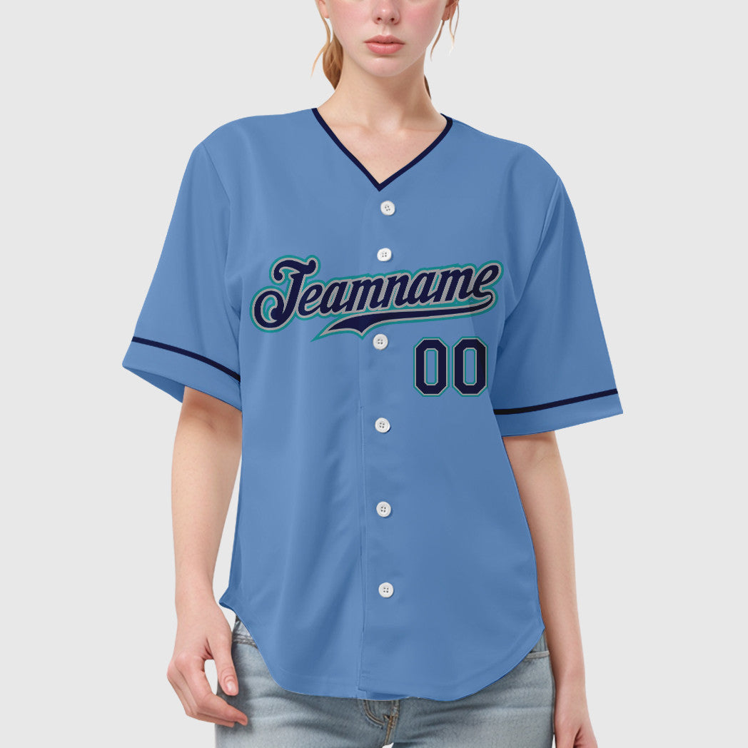 Custom Light Blue Navy Navy-Teal Collar Sleeve Baseball Jersey