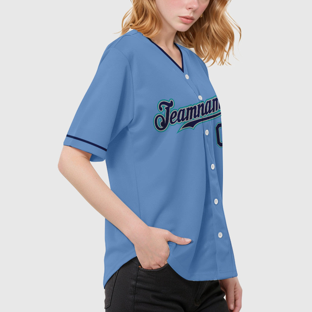Custom Light Blue Navy Navy-Teal Collar Sleeve Baseball Jersey