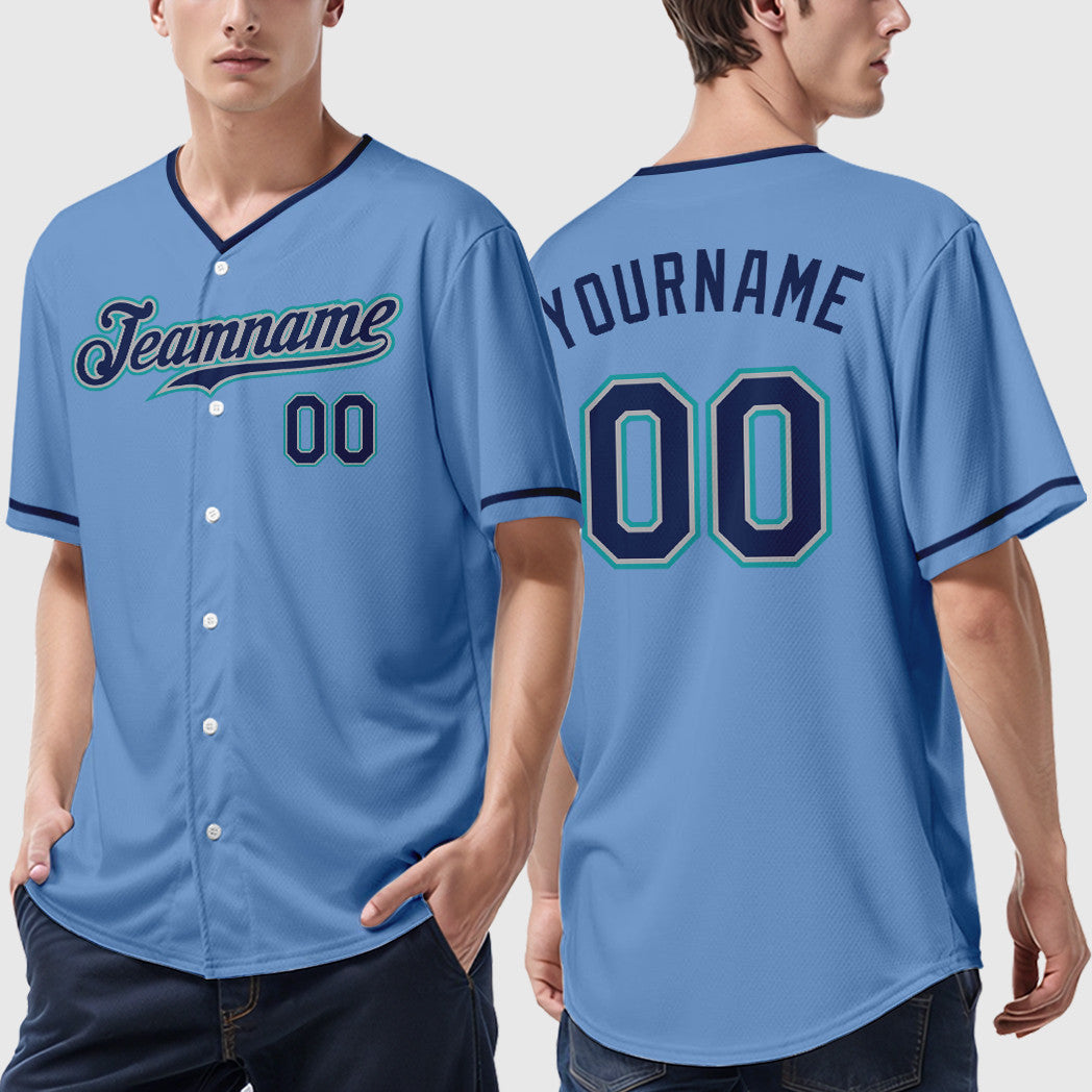 Custom Light Blue Navy Navy-Teal Collar Sleeve Baseball Jersey