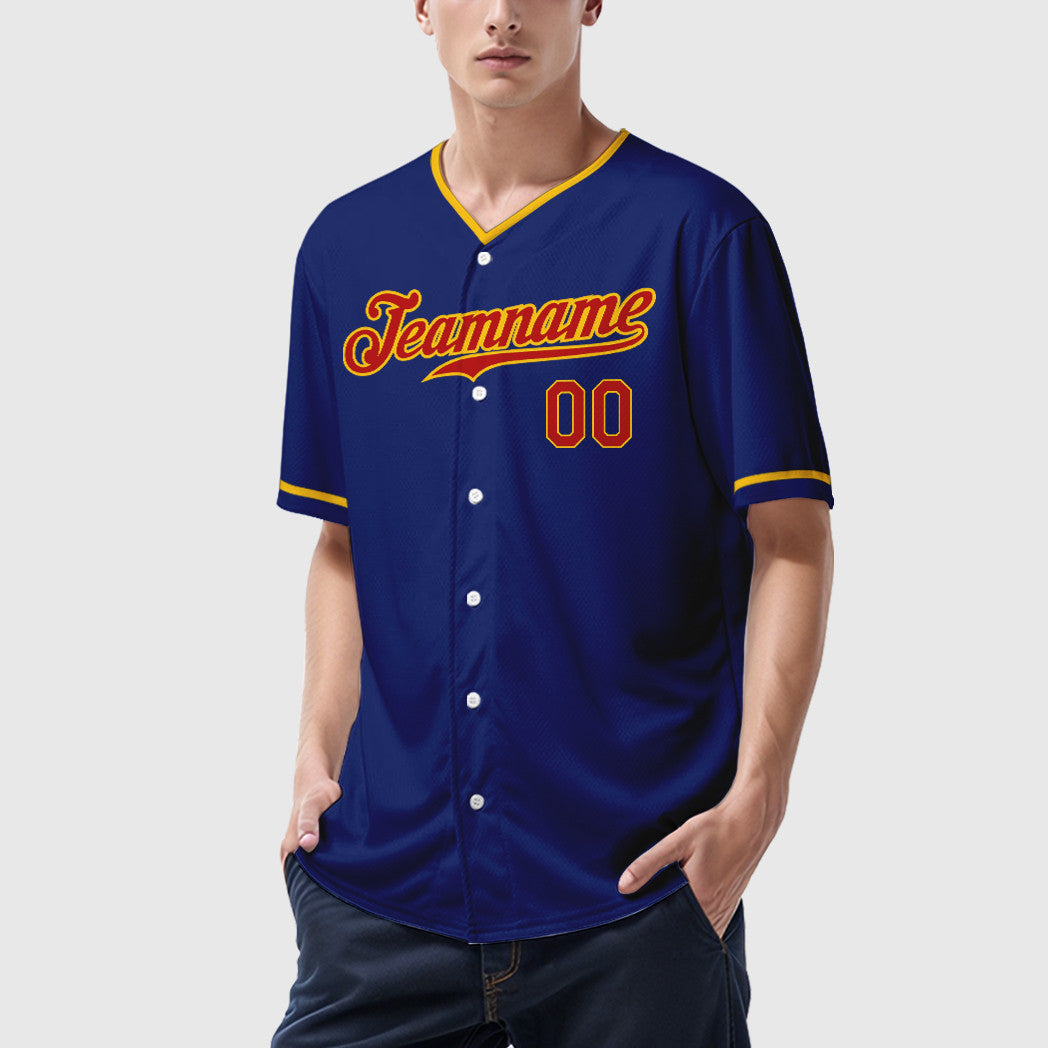 Custom Royal Red Yellow Collar Sleeve Baseball Jersey