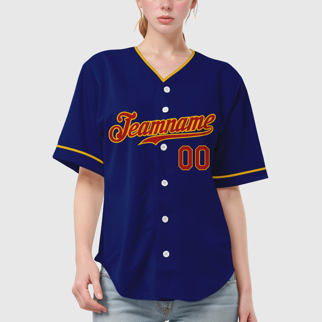 Custom Royal Red Yellow Collar Sleeve Baseball Jersey