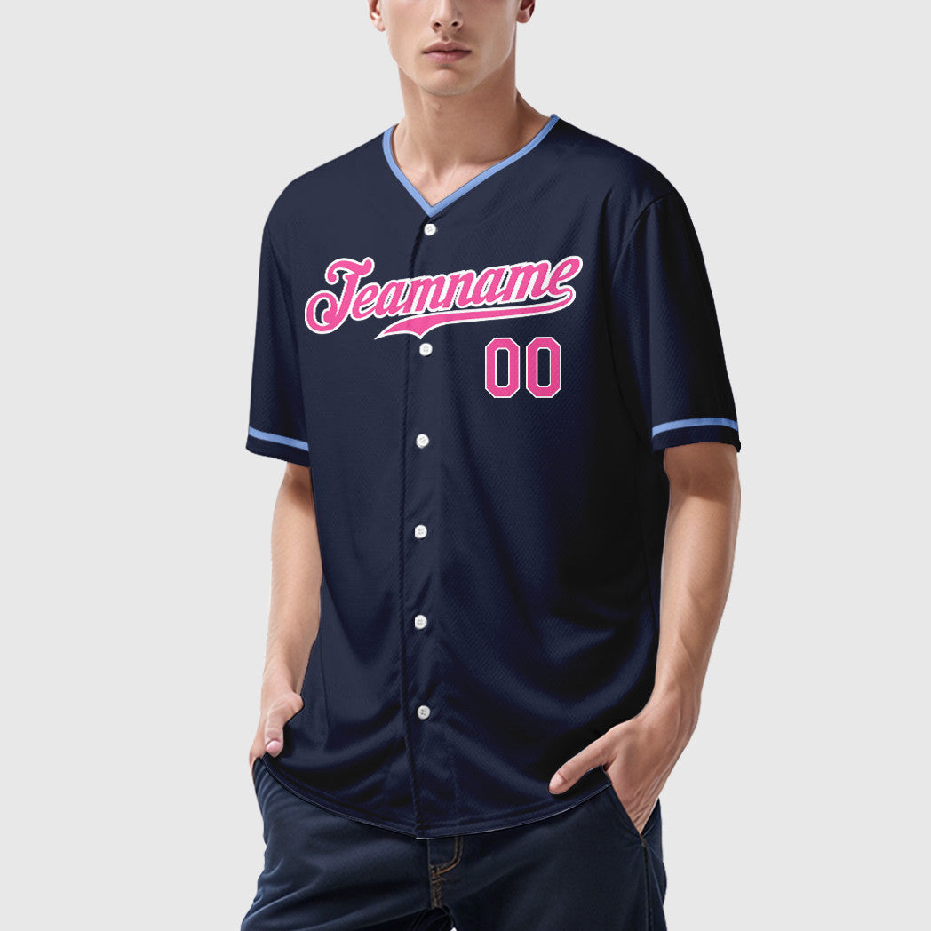 Custom Navy White Pink Collar Sleeve Baseball Jersey