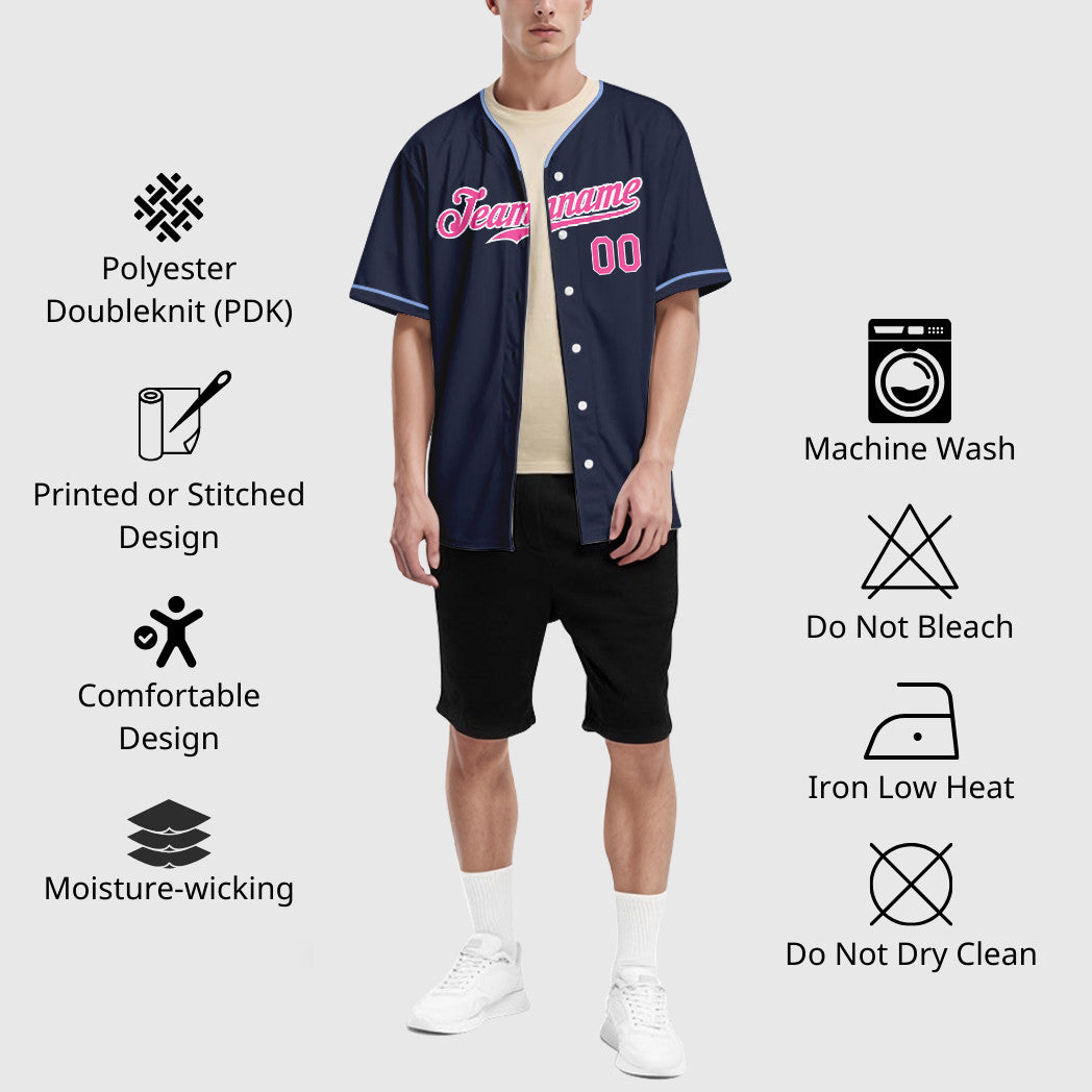Custom Navy White Pink Collar Sleeve Baseball Jersey