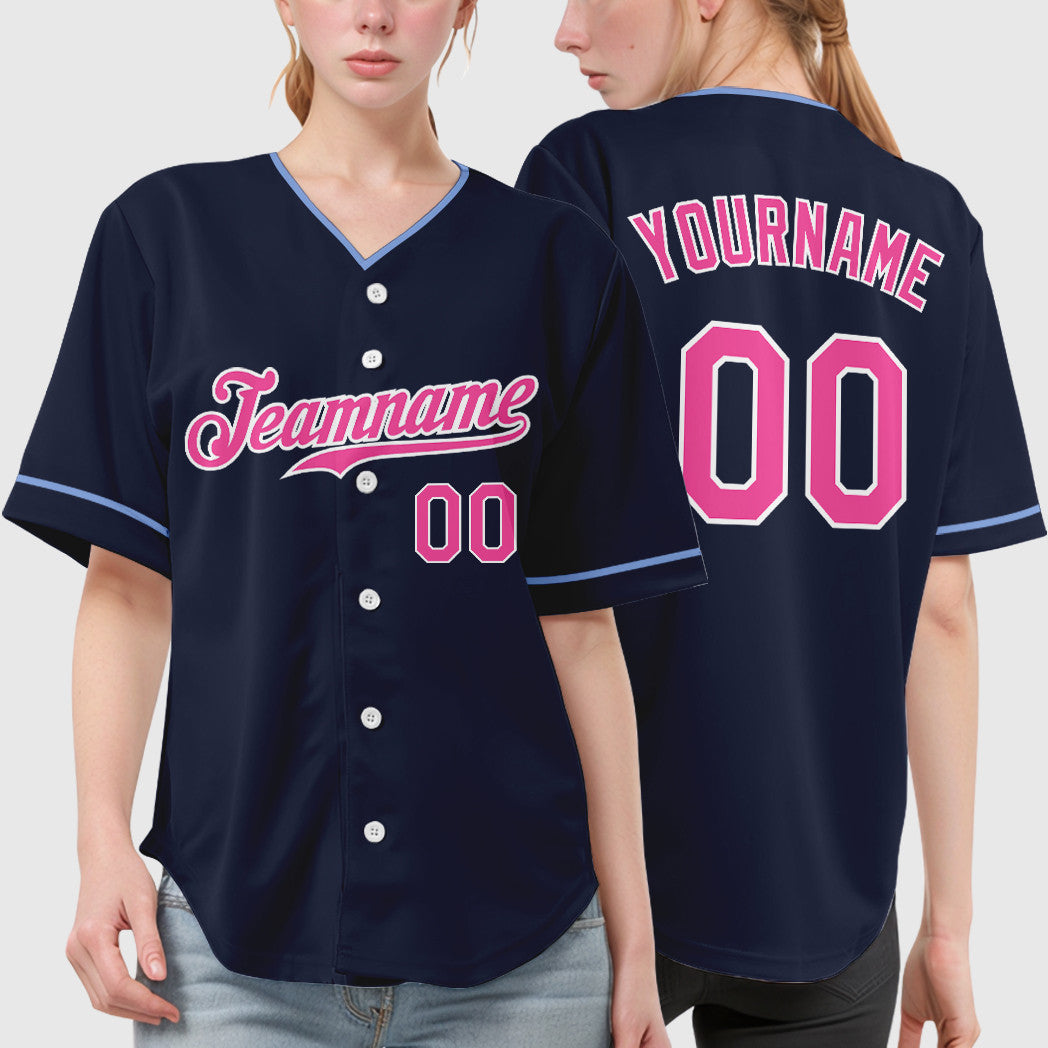 Custom Navy White Pink Collar Sleeve Baseball Jersey