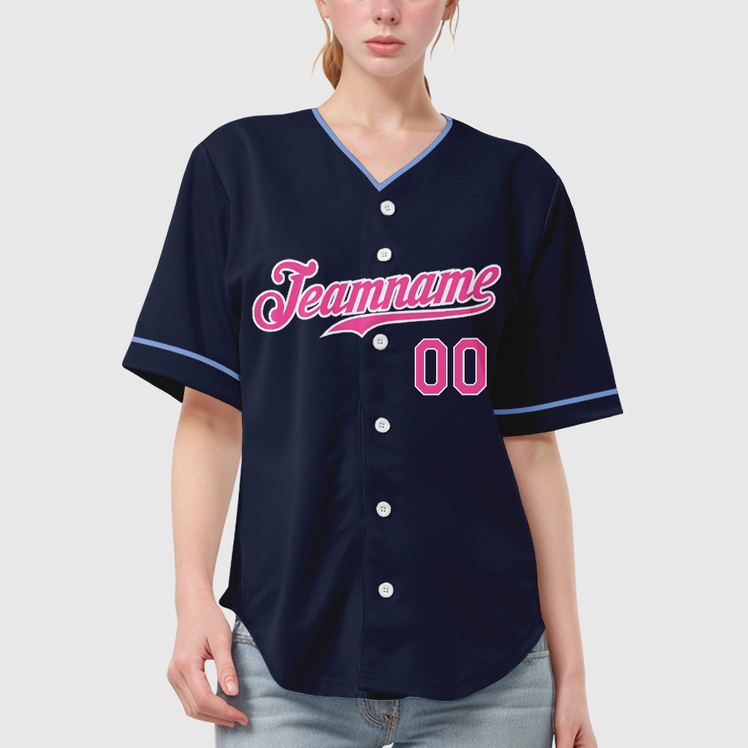 Custom Navy White Pink Collar Sleeve Baseball Jersey
