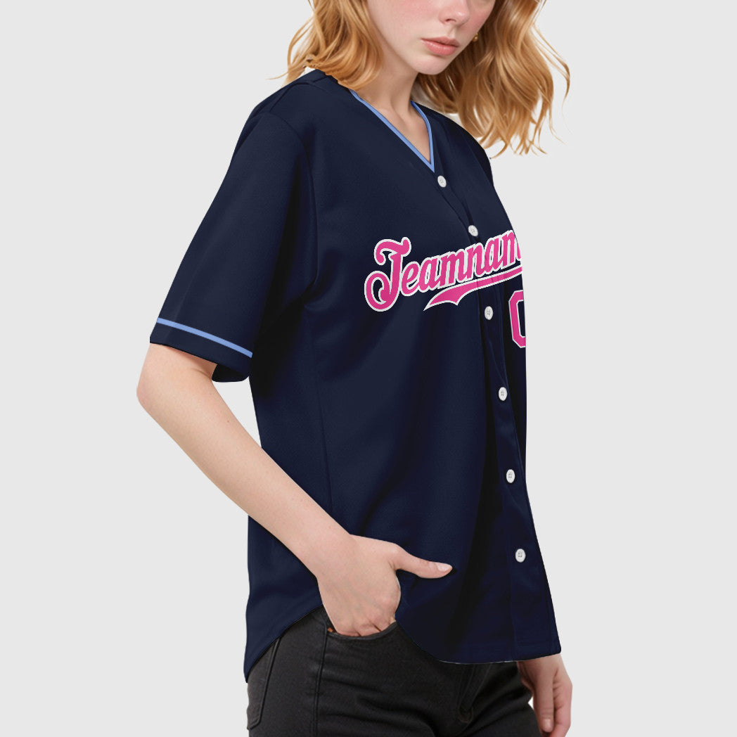 Custom Navy White Pink Collar Sleeve Baseball Jersey