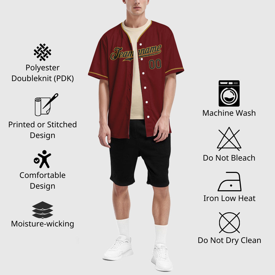 Custom Crimson Black Old Gold Collar Sleeve Baseball Jersey