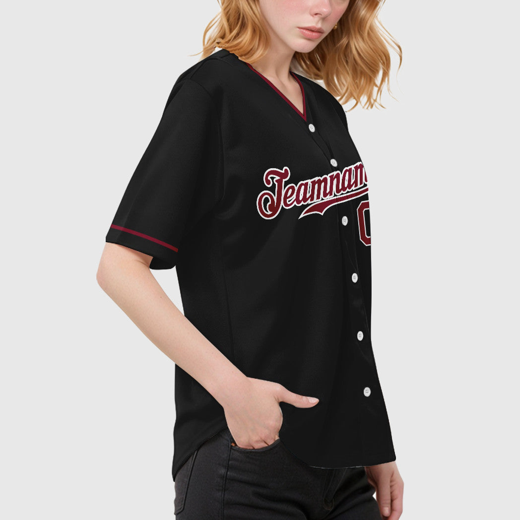 Custom Black White Crimson Collar Sleeve Feature Baseball Jersey