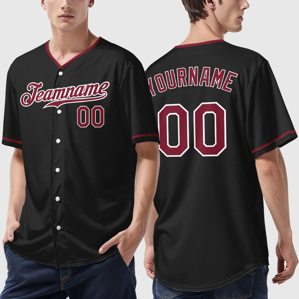 Custom Black White Crimson Collar Sleeve Feature Baseball Jersey