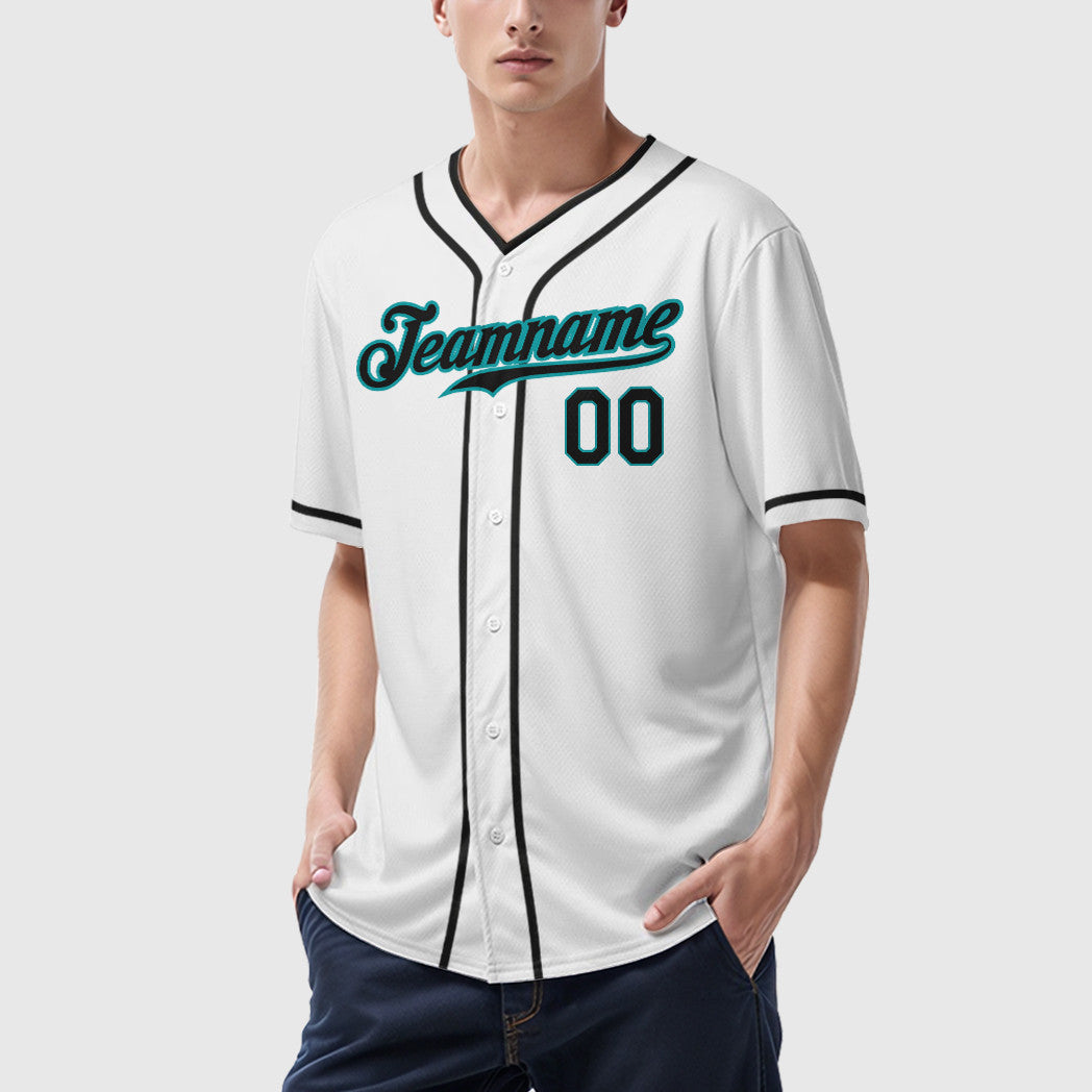 Custom White Teal Black Piping Baseball Jersey