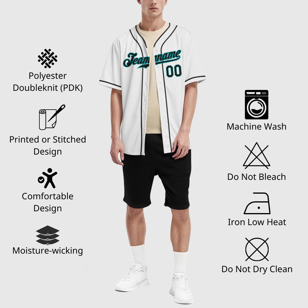 Custom White Teal Black Piping Baseball Jersey