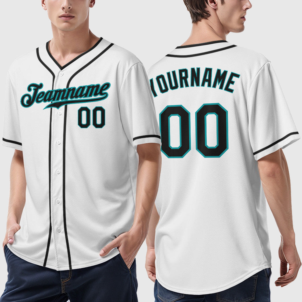 Custom White Teal Black Piping Baseball Jersey