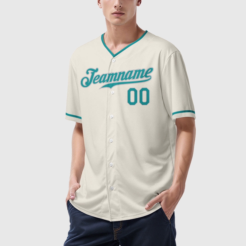Custom Cream Teal Teal-Gray Collar Sleeve Baseball Jersey