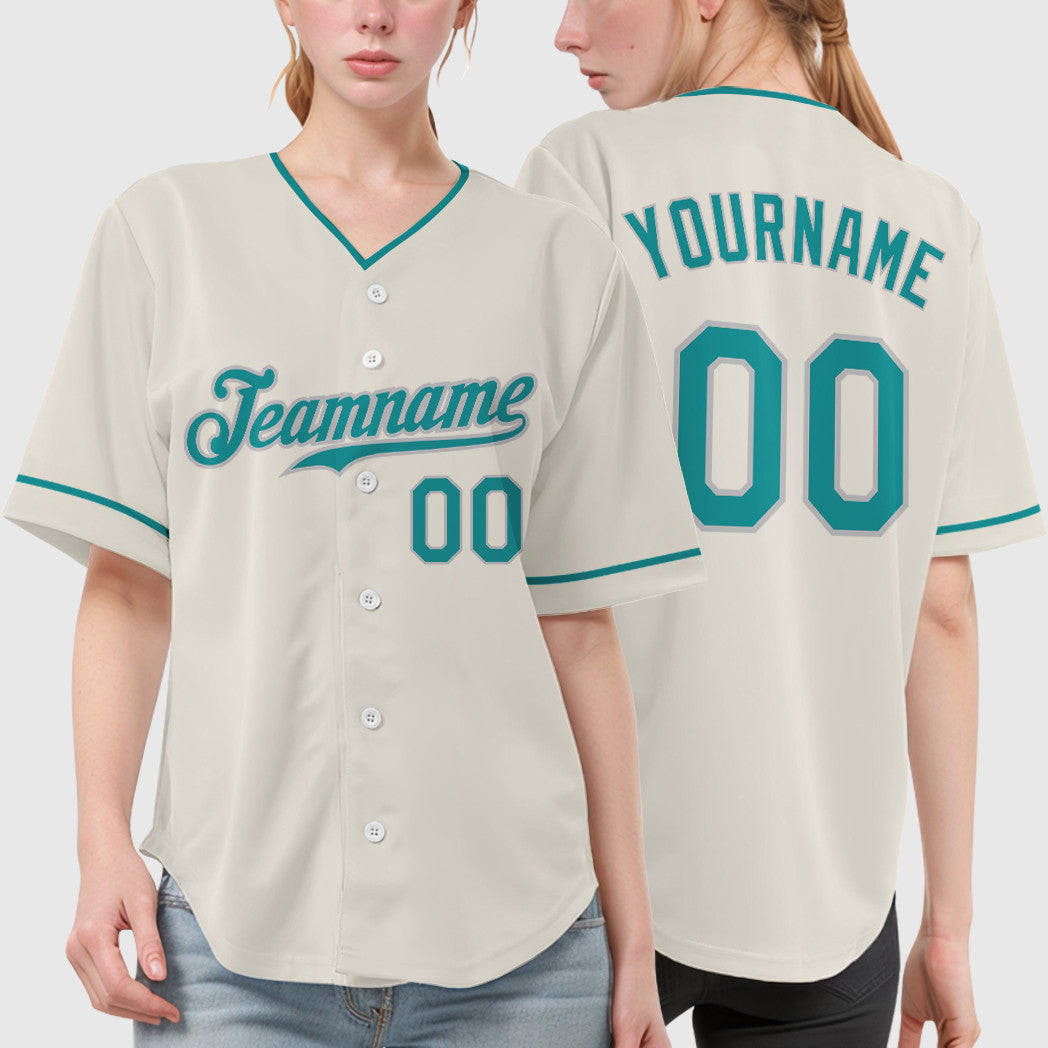 Custom Cream Teal Teal-Gray Collar Sleeve Baseball Jersey