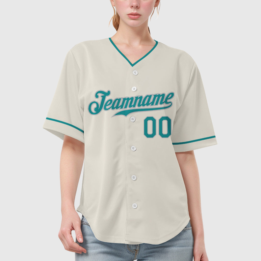 Custom Cream Teal Teal-Gray Collar Sleeve Baseball Jersey