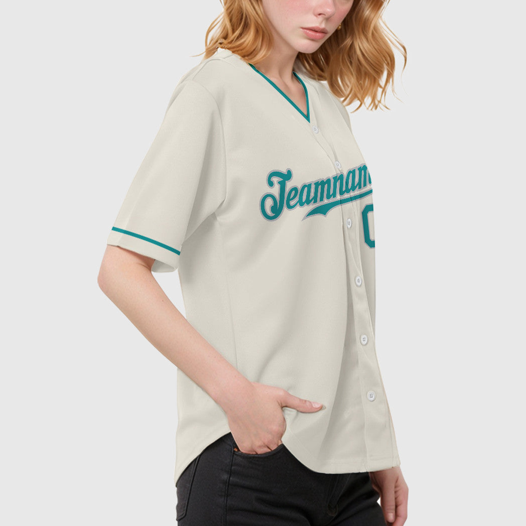 Custom Cream Teal Teal-Gray Collar Sleeve Baseball Jersey