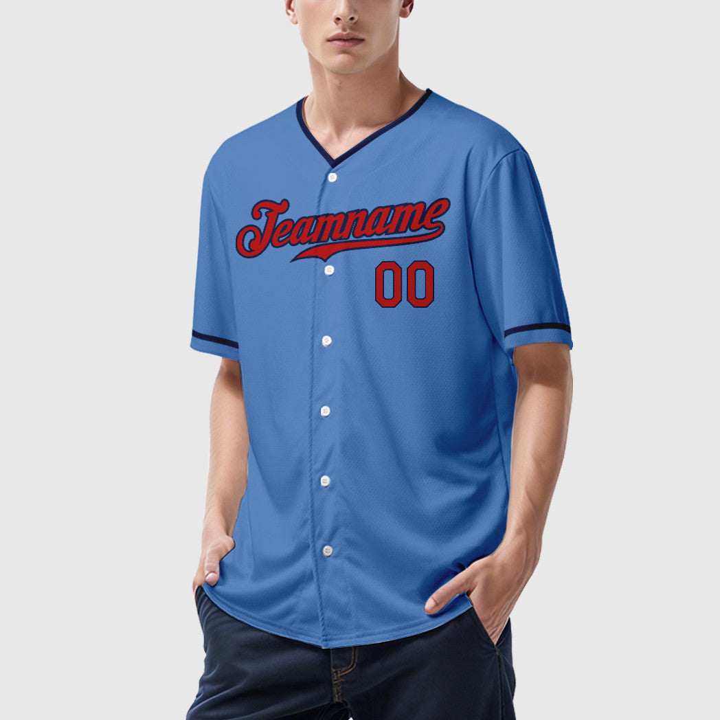 Custom Powder Blue Red Navy Collar Sleeve Baseball Jersey