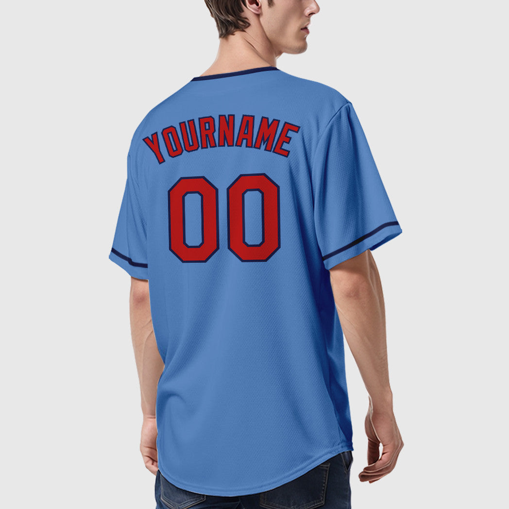 Custom Powder Blue Red Navy Collar Sleeve Baseball Jersey