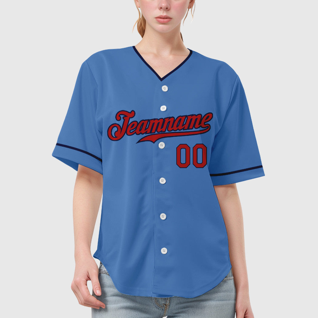 Custom Powder Blue Red Navy Collar Sleeve Baseball Jersey