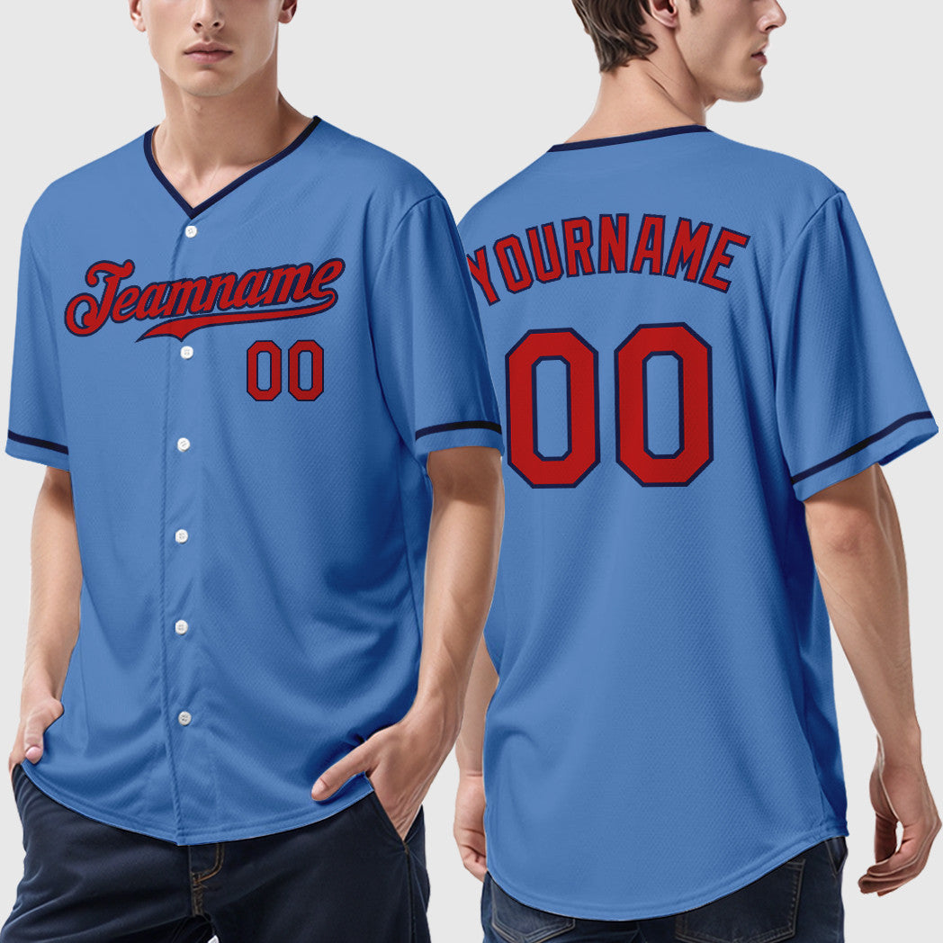 Custom Powder Blue Red Navy Collar Sleeve Baseball Jersey