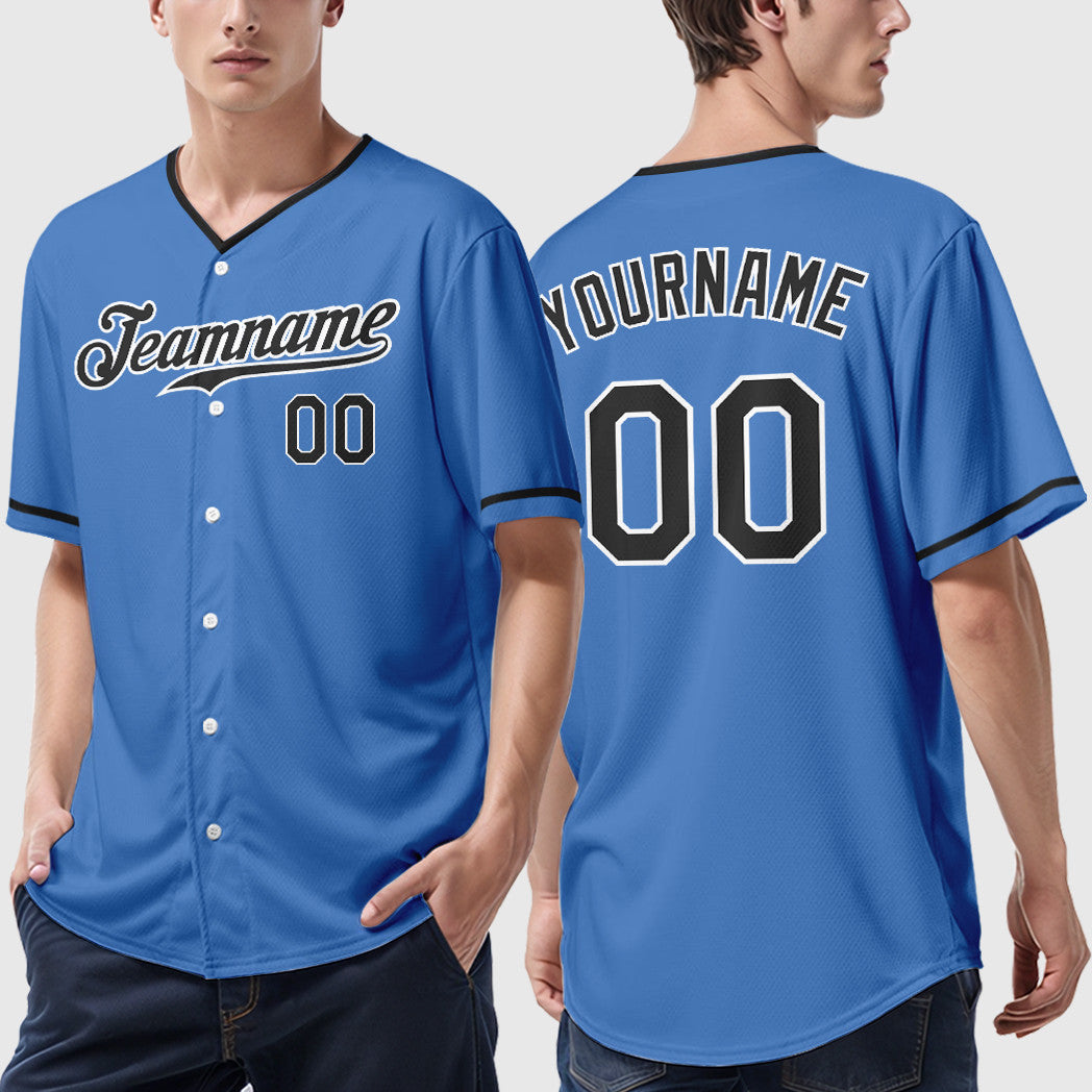 Custom Powder Blue White Black Collar Sleeve Baseball Jersey
