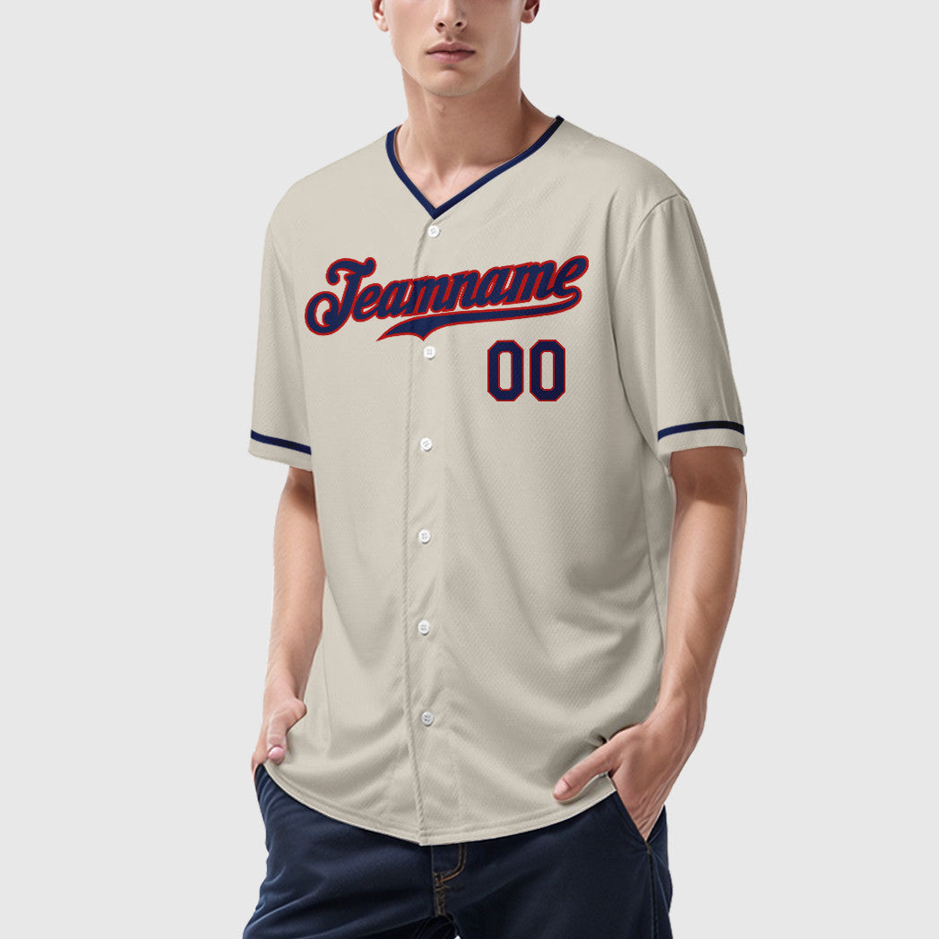 Custom Cream Navy Navy-Red Collar Sleeve Baseball Jersey