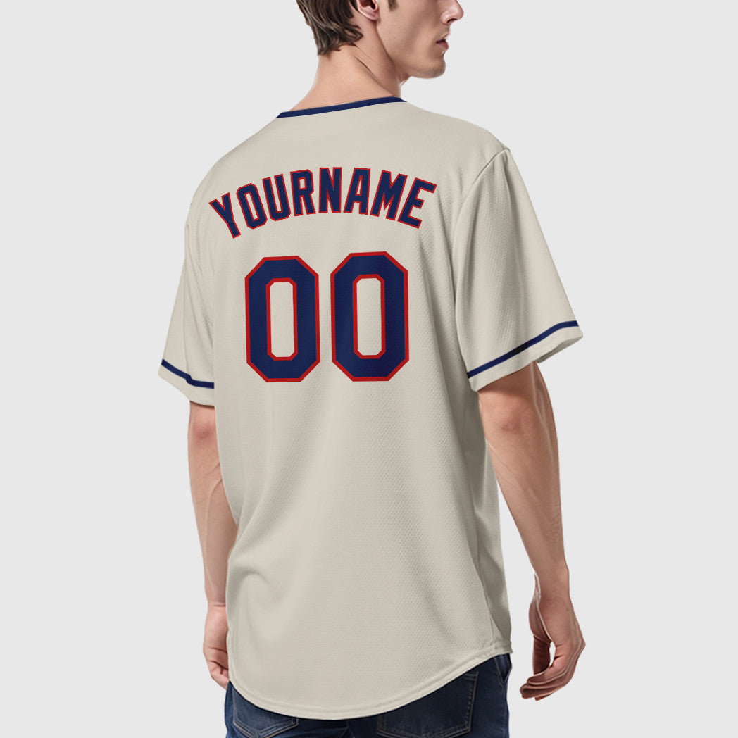 Custom Cream Navy Navy-Red Collar Sleeve Baseball Jersey