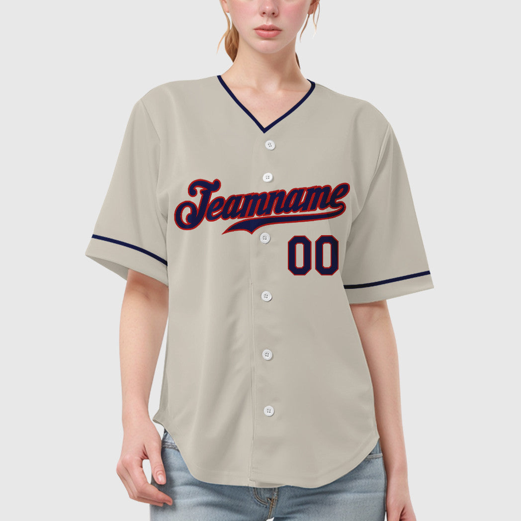 Custom Cream Navy Navy-Red Collar Sleeve Baseball Jersey