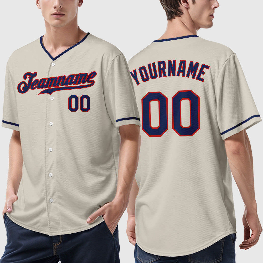 Custom Cream Navy Navy-Red Collar Sleeve Baseball Jersey